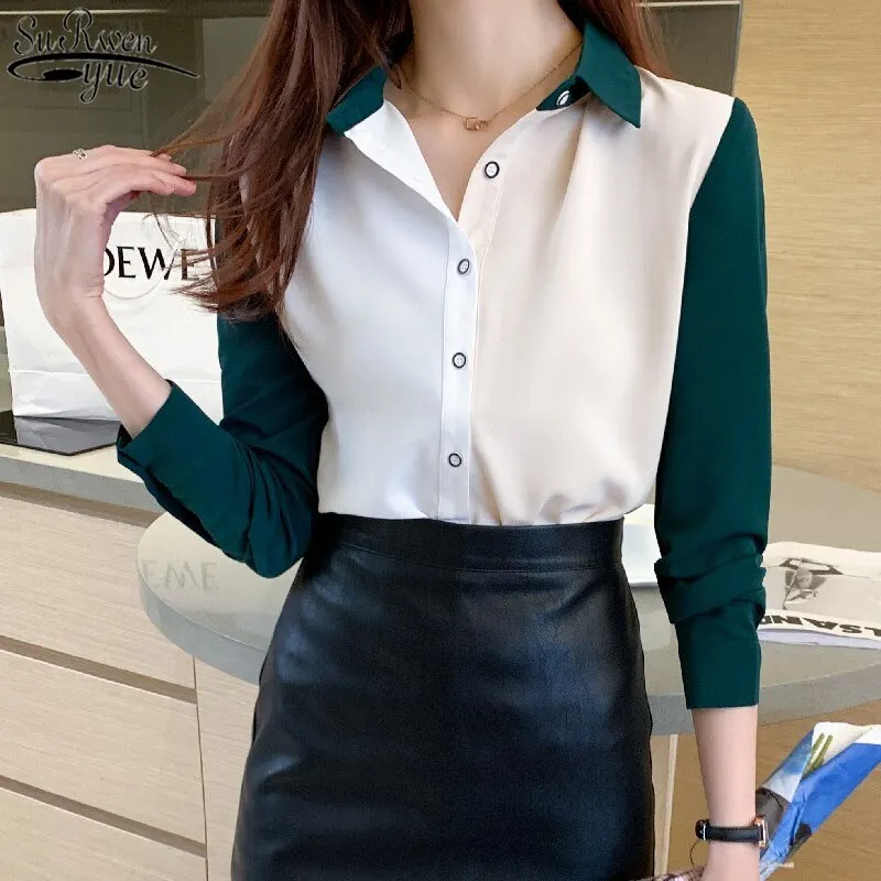 2021 Korean Long Sleeved Chiffon Shirt Women Splicing Color Singel Breasted Women's Blouse Autumn Lapel Top Female Blusas 11987