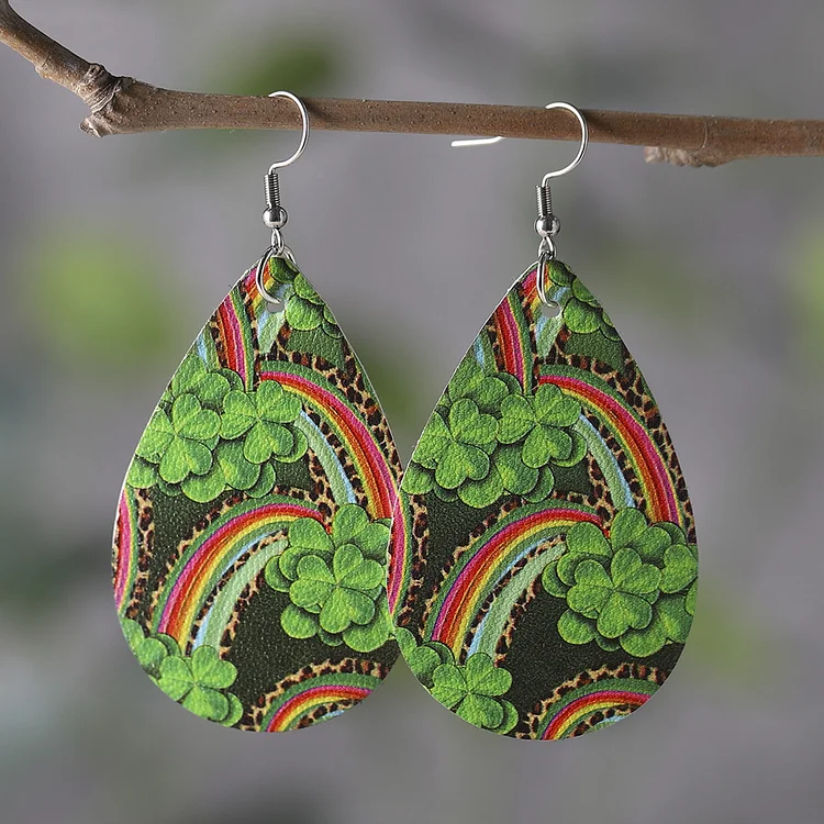 Vintage St. Patrick'S Day Rainbow & Leopard Print Clover Earrings