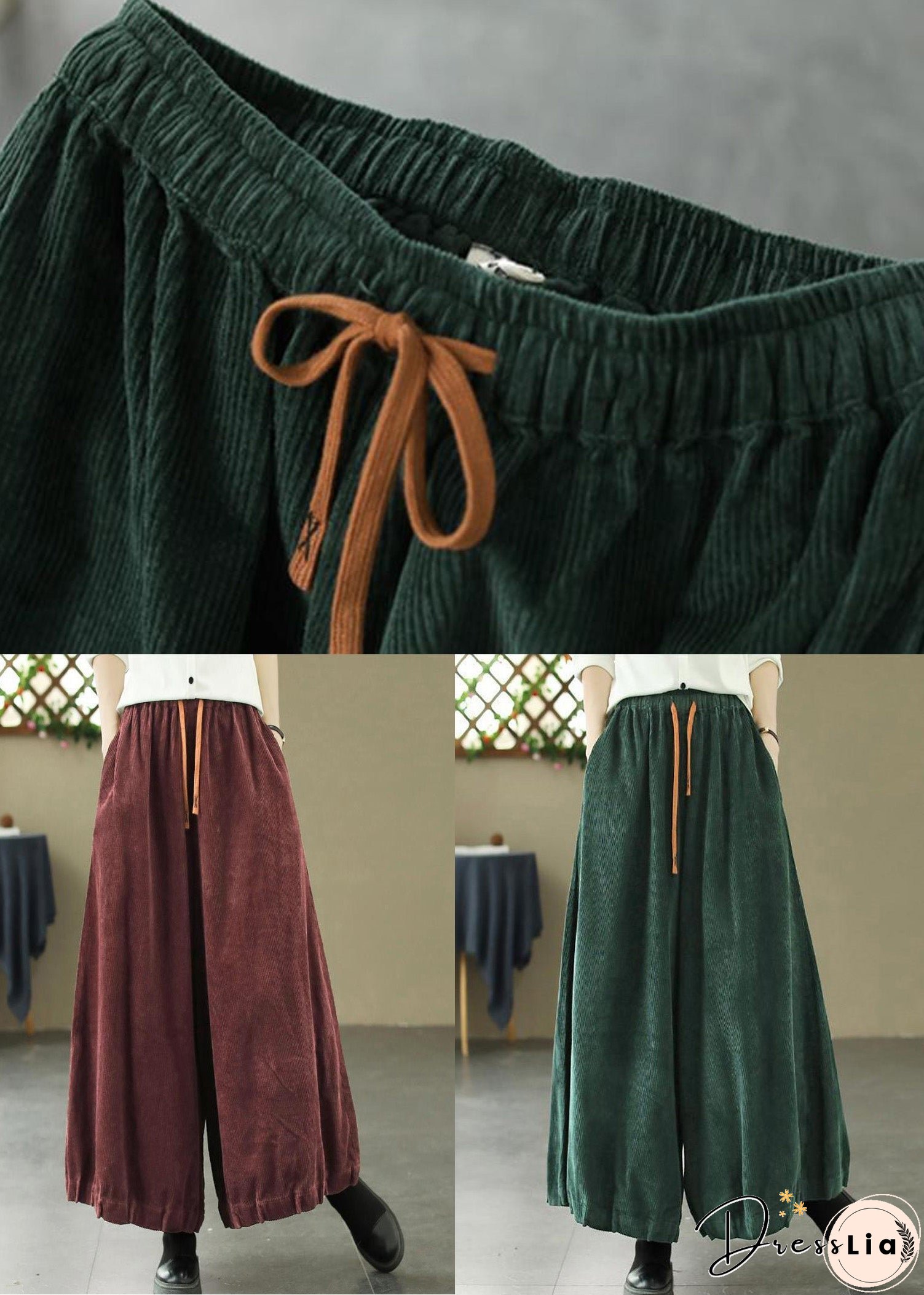 Loose Wine Red Pockets Elastic Waist Corduroy Pants Spring