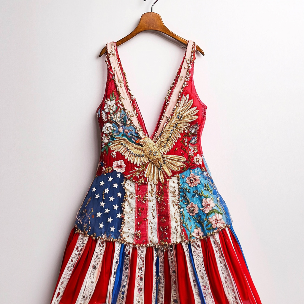 Comstylish Vintage American Eagle Stripe Design Sleeveless V-neck Dress