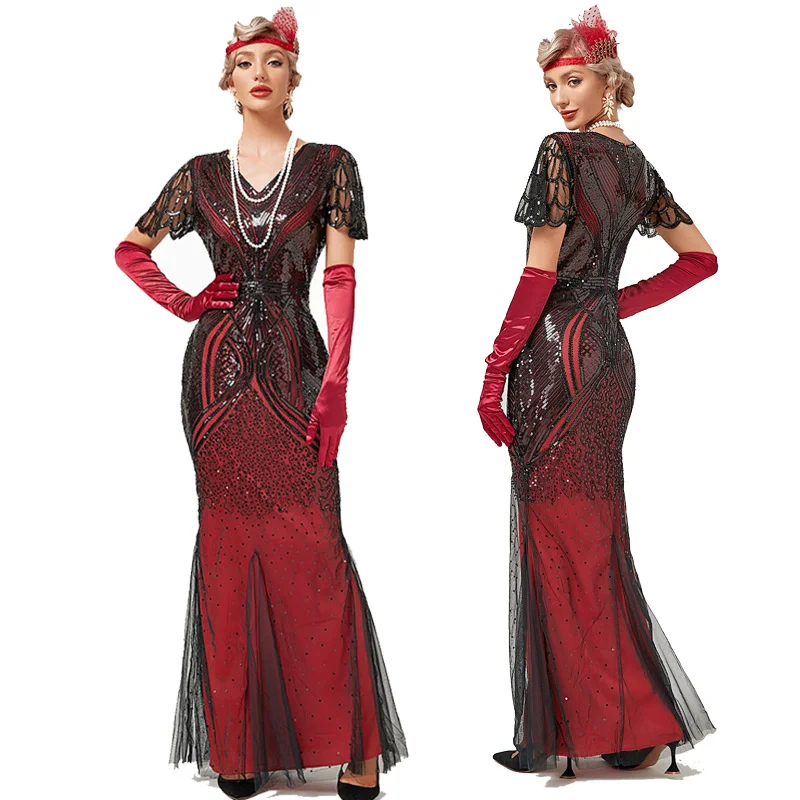 Women Cocktail Dress 1920s Gatsby Flapper Dress Short Sleeve Sequined  Mermaid Dress Halloween Costume Novameme