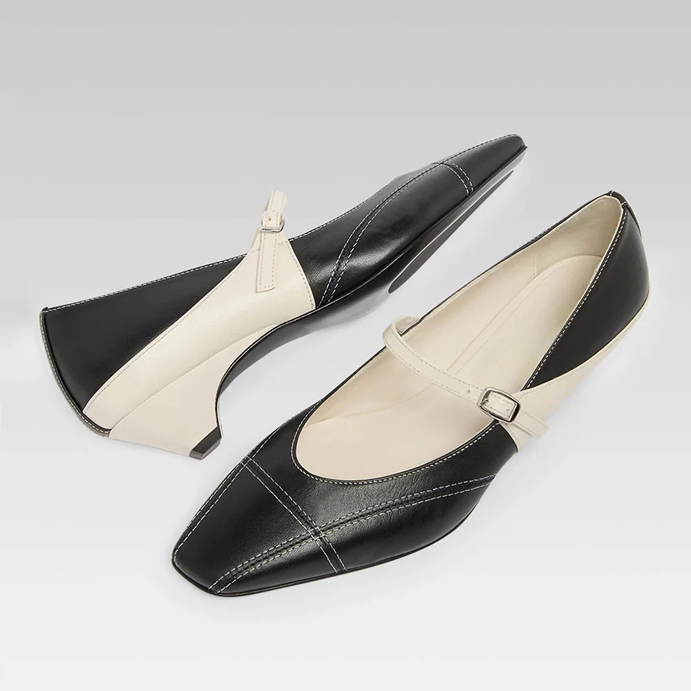 Fashion Black & Ivory Square Toe Contrast Stitching Mary Jane Pumps