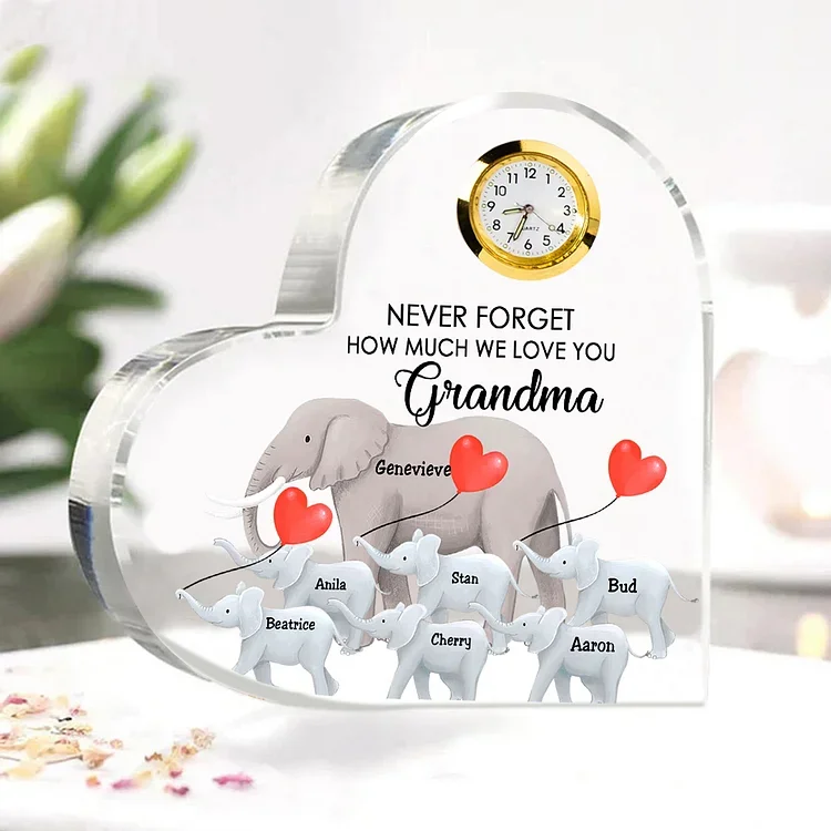 7 Names-Personalized Grandma Name Acrylic Clock Gifts-Custom Acrylic Elephant Heart Keepsake Desktop Ornament for Nan