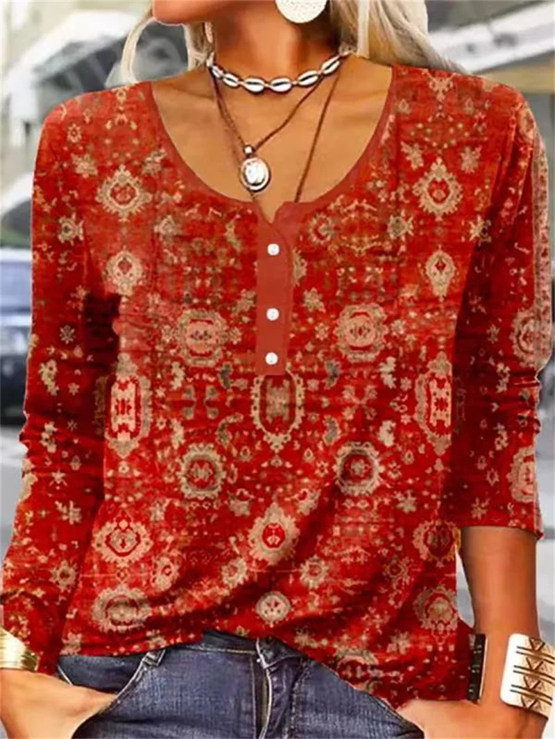 Women's Casual Top Floral Printed U Collar Long Sleeve Top