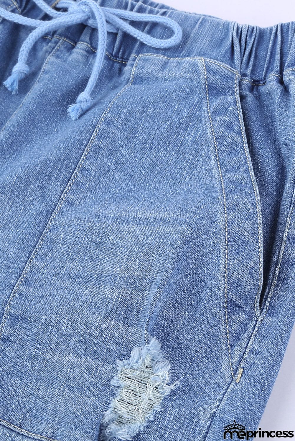 Women's Sky Blue Pocketed Distressed Jean Joggers