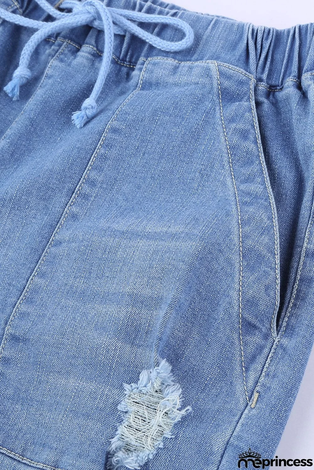 Women's Sky Blue Pocketed Distressed Jean Joggers