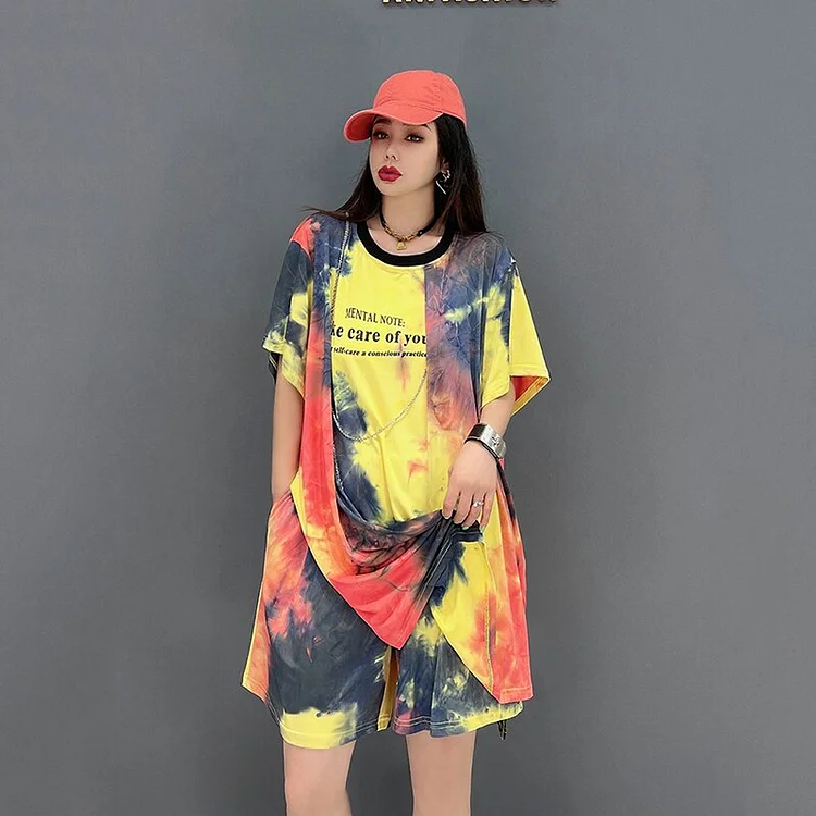Street Loose O-neck Tie-dye Chain Decor Short Sleeve T-shirt And Shorts Two Pieces Set      