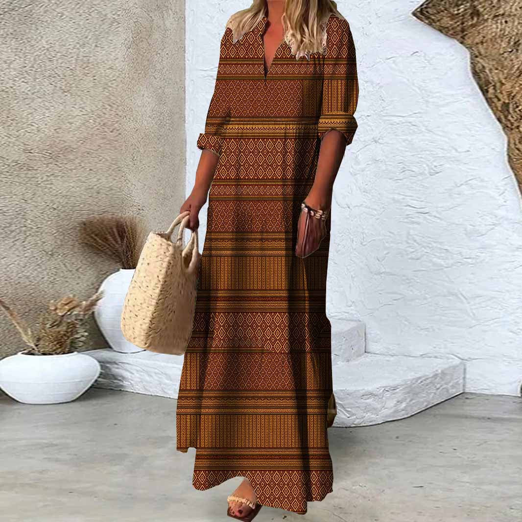 Women Checkered, Brown DZDN0332 SPU Printed Long Sleeve V-neck Maxi Dress