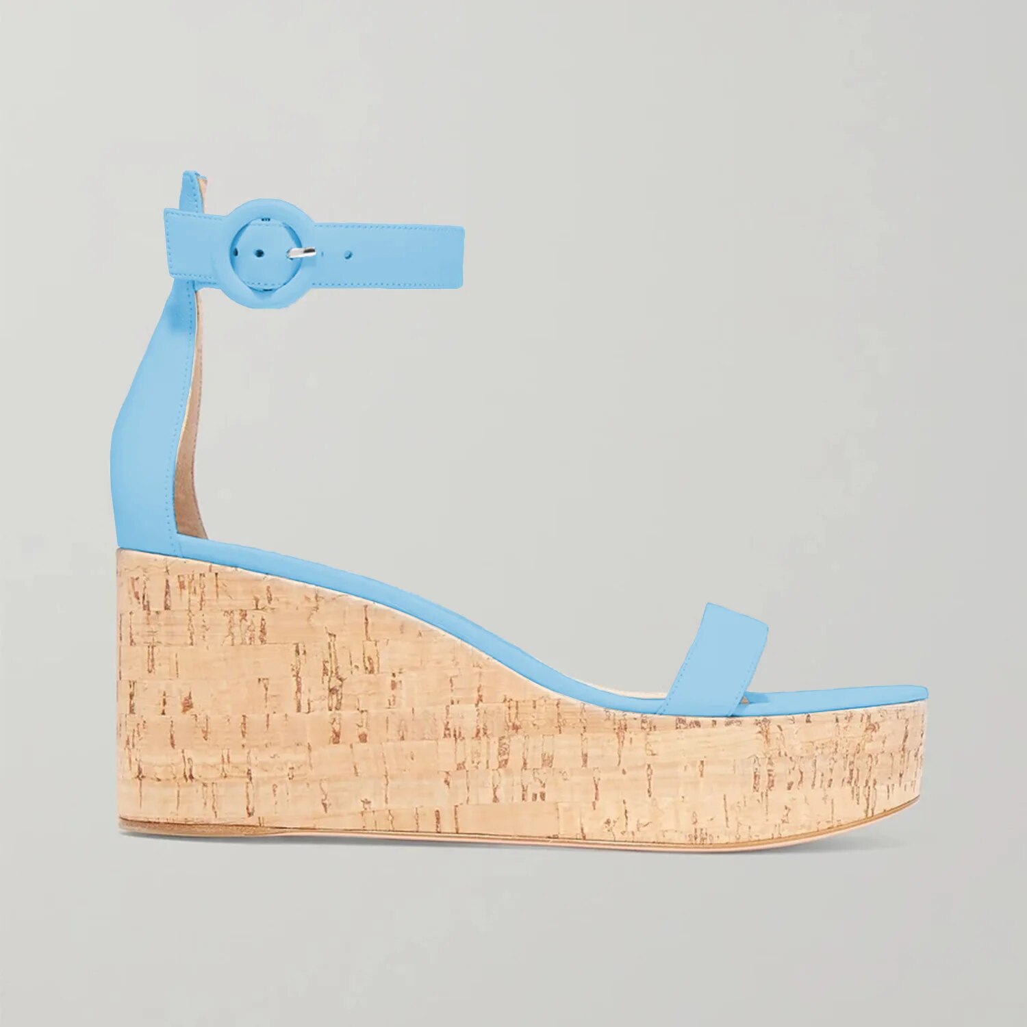 TAAFO Women High Heel Cork Platform Wedge Sandals Open Round Toe Ankle Buckle Strap Leather For Street Beach Shoes