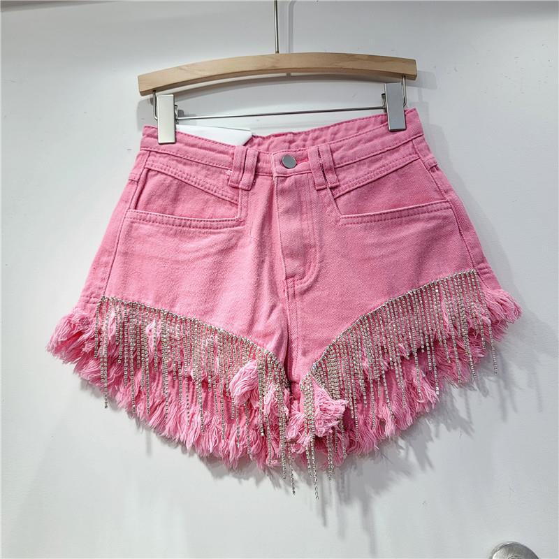 Chic Distressed Denim Shorts for Women - Spring-Summer 2025 Zara Style with Rhinestone Chains