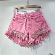 Chic Distressed Denim Shorts for Women - Spring-Summer 2025 Zara Style with Rhinestone Chains