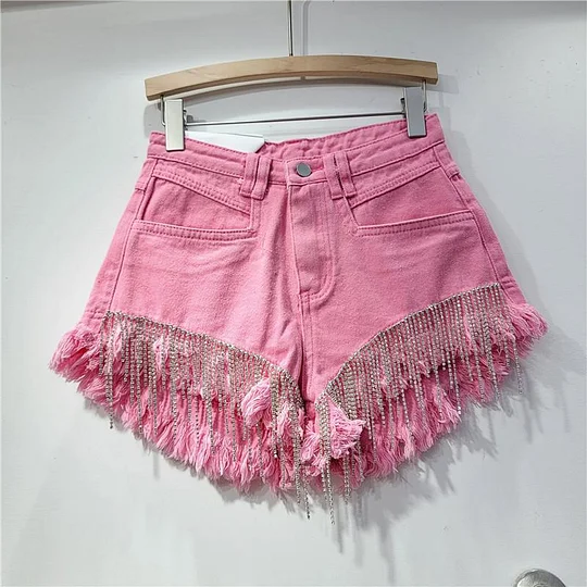 Chic Distressed Denim Shorts for Women - Spring-Summer 2025 Zara Style with Rhinestone Chains