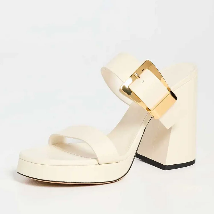 Beige Block Heel Platform Slide Sandals with Gold-Tone Buckle Strap |FSJ Shoes