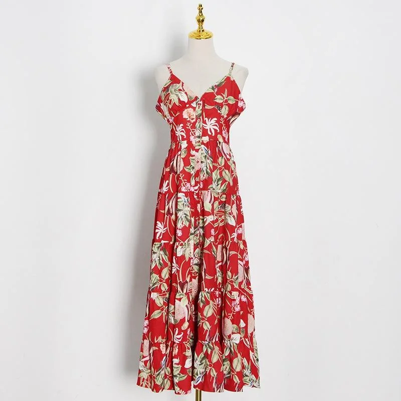 ABEBEY Bohemian Print Sling Dress For Women V Neck Sleeveless High Waist Hit Color Maxi Dresses Female Fashion New Summer