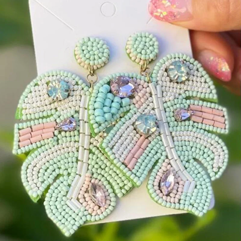 Dvacaman Boho Handmade Beaded Leaf Parrot Pendant Earrings for Women 2022 New Design Wedding Jewelry Korean Drop Dangle Earrings