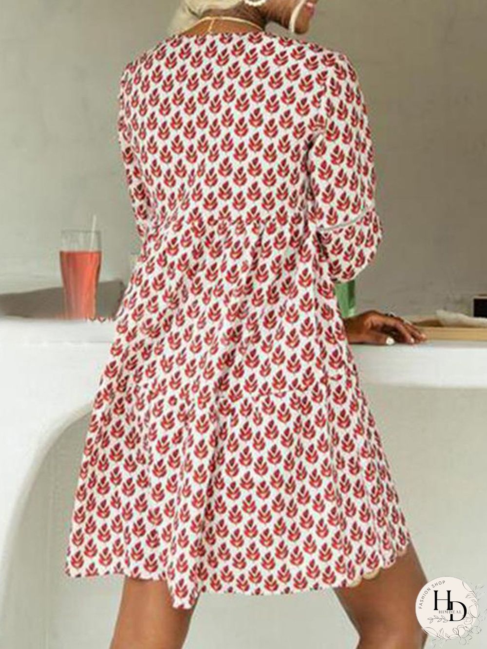 Stunning V-Neck 3/4 Sleeve Printed Mini Dress P15651