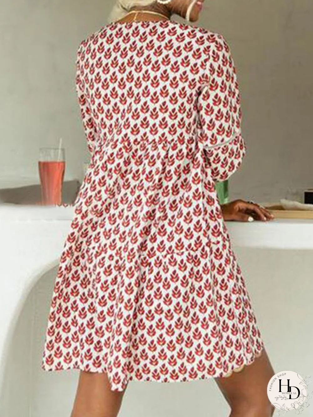 Stunning V-Neck 3/4 Sleeve Printed Mini Dress P15651