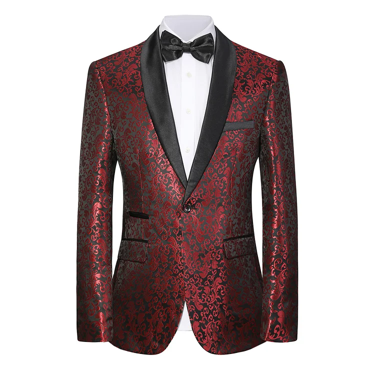 Gentriforge Mens Paisley jacquard Suit Coats Burgundy Tuxedo Jacket Black Shawl Collar Blazer for Wedding Dinner Prom