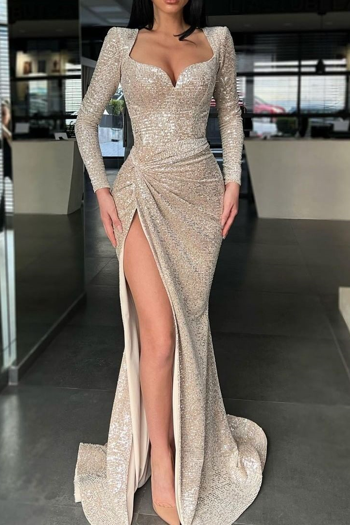 Luluslly Long Sleeves Mermaid Sequins Prom Dress Long With Slit