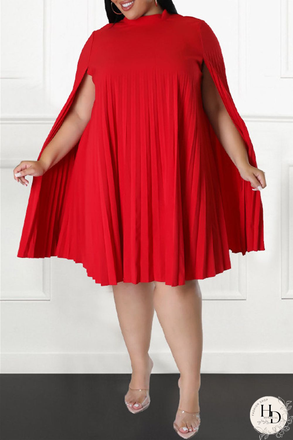 Red Casual Solid Patchwork Fold Half A Turtleneck Plus Size Dresses