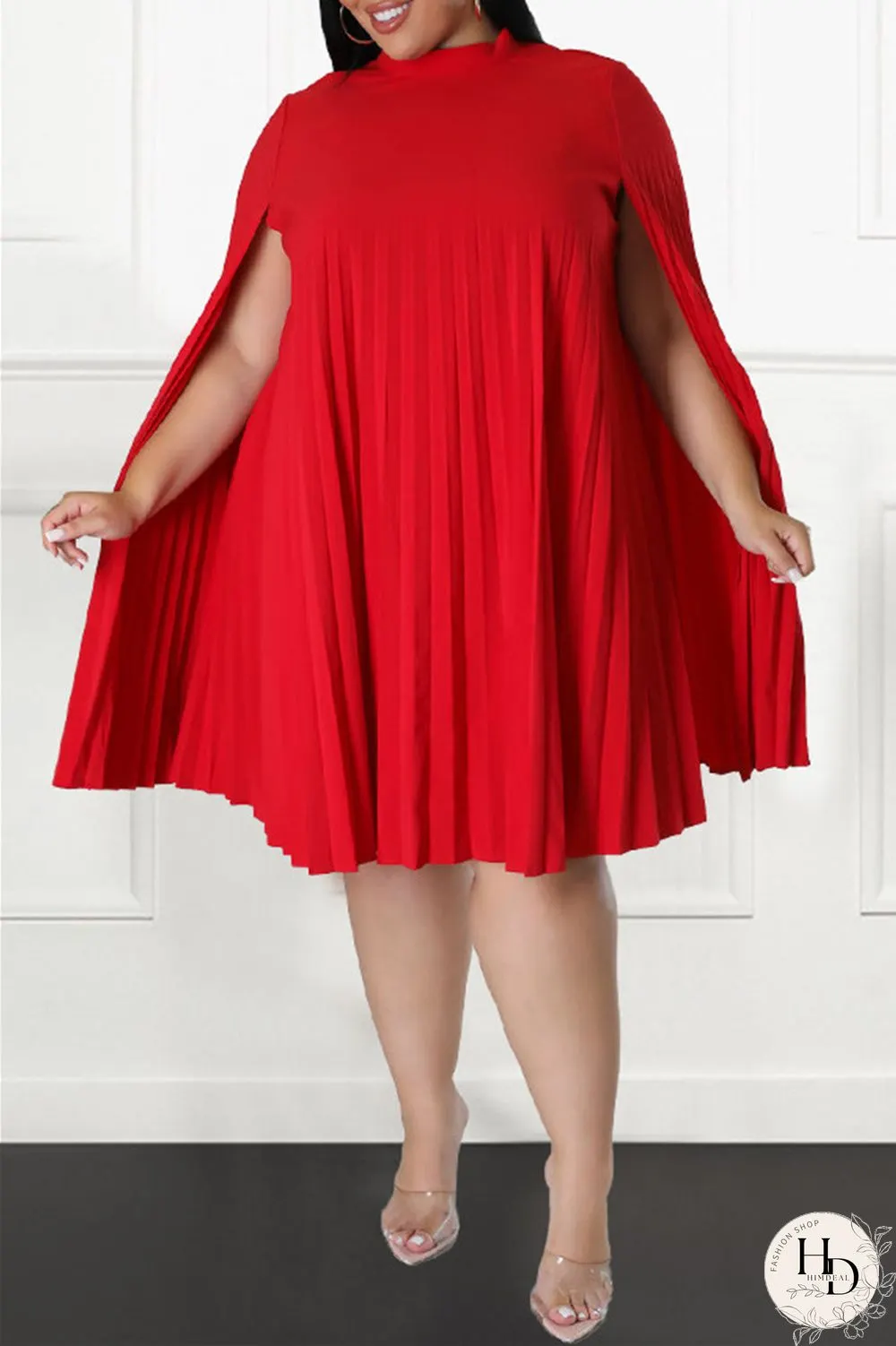 Red Casual Solid Patchwork Fold Half A Turtleneck Plus Size Dresses