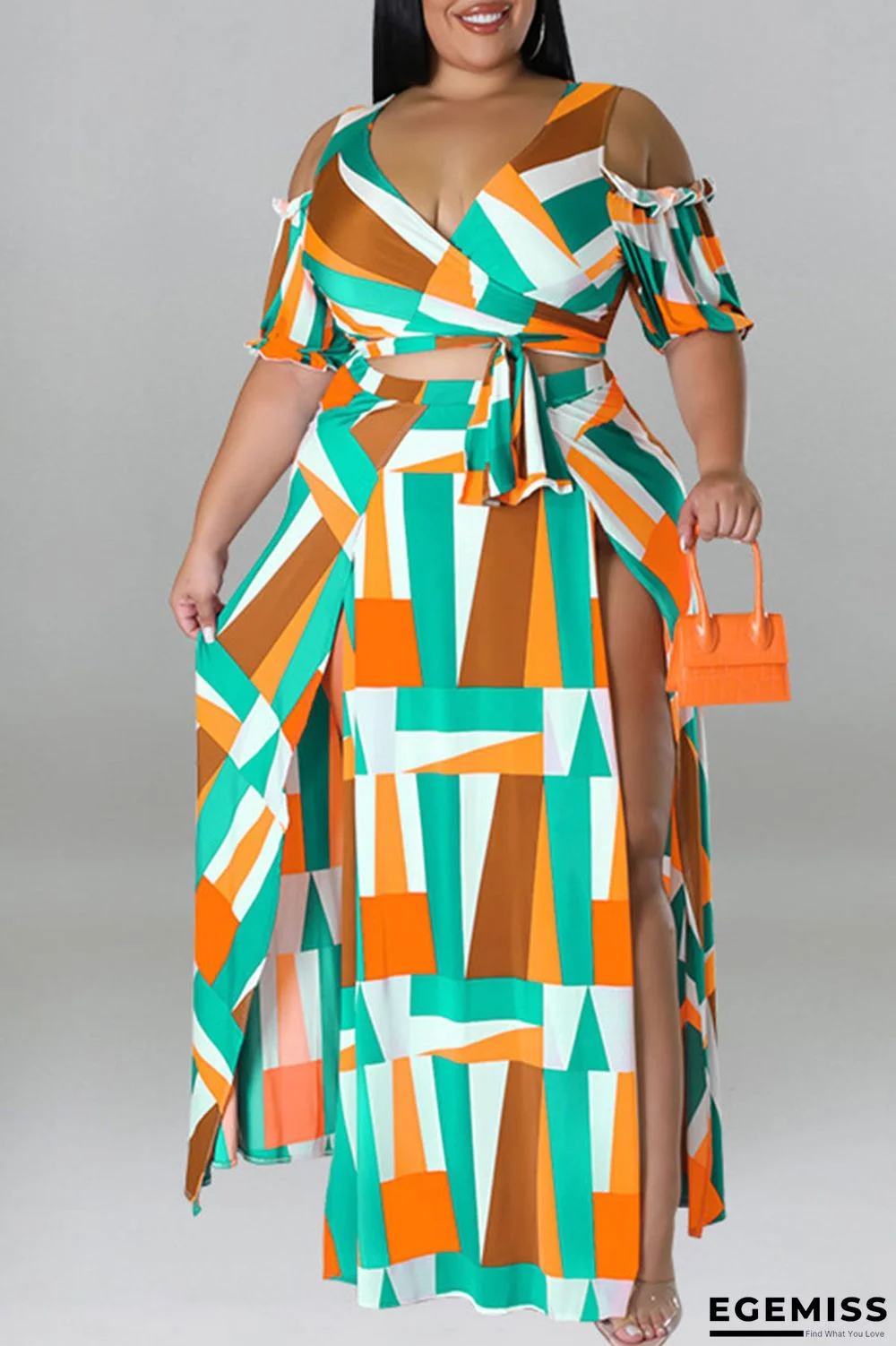 Cyan Sexy Print Bandage Patchwork V Neck Plus Size Two Pieces | EGEMISS
