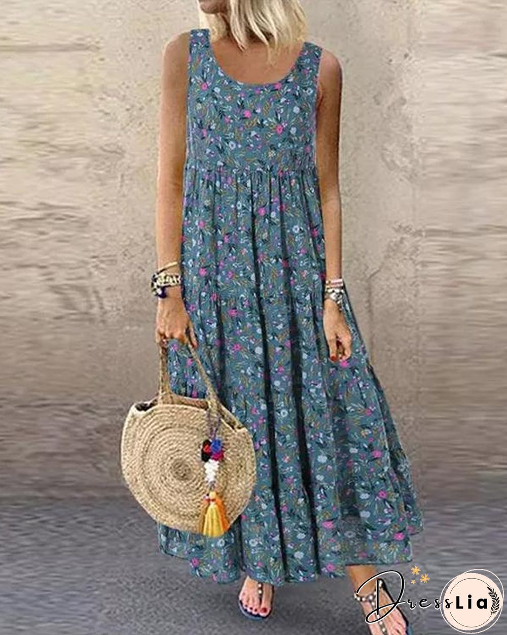 Retro Floral Cotton Maxi Dress