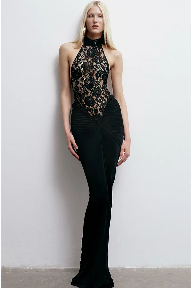 See-Through Lace Backless Halter Mermaid Maxi Dress-Black