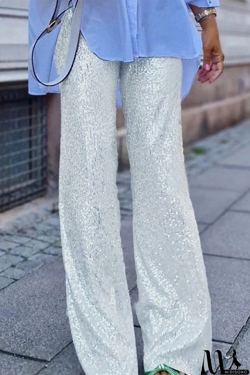 MidiSono - Casual British Style Solid Sequins Loose Low Waist Straight Solid Color Bottoms