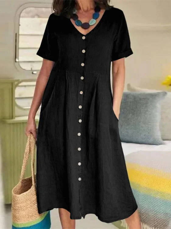 Women plus size clothing Women's Short Sleeve V-Neck Solid Buttons Loose Midi Dress-Nordswear