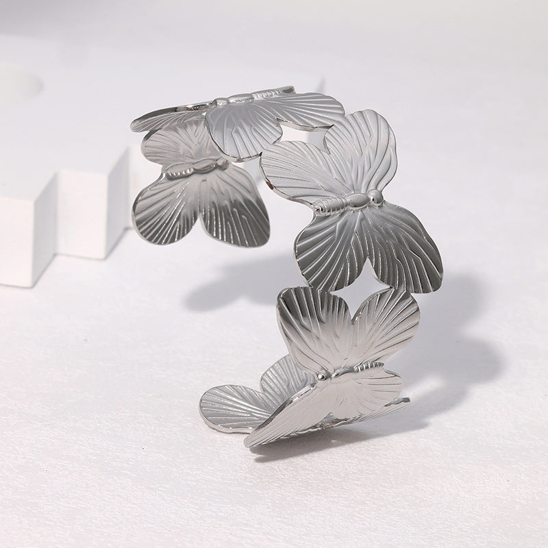 Retro Wide Stainless Steel Bracelet Wide Version Exaggerated Personality Butterfly Antique Gold-Plated Bracelet