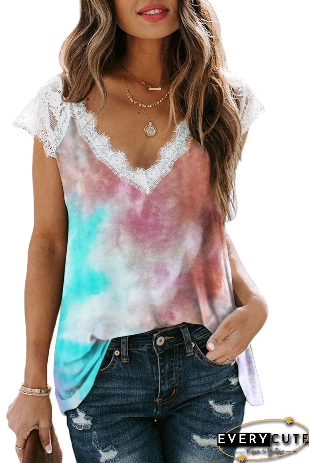 Multicolor Lace Splicing V Neck Short Sleeve Tie-dye Top