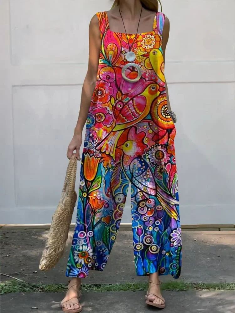 Women's Vintage Lovely Floral Birds Art Print Casual 100% Cotton Wide Leg Jumpsuit