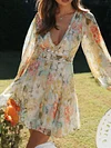 Deep V-Neck Floral Print Long Sleeve A-Line Mini Dress
