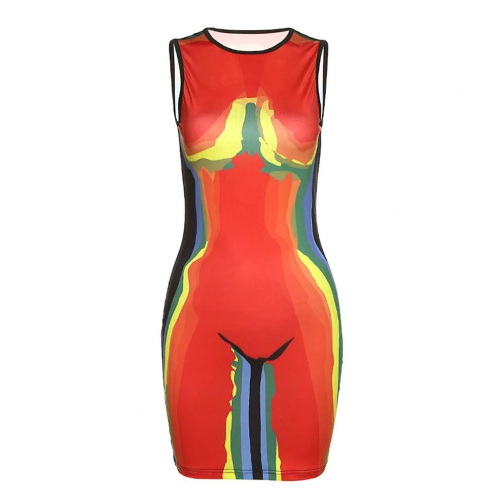 Night Club Party Bodycon Aesthetic Print Mini Dress Women  Sleeveless High Waist Body-shaping Hip Skirt Hipster Mini Dress