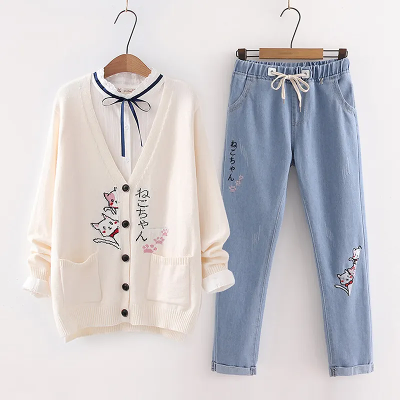 Cartoon Cat Print Cardigan Sweater Shirt Denim Pants Set