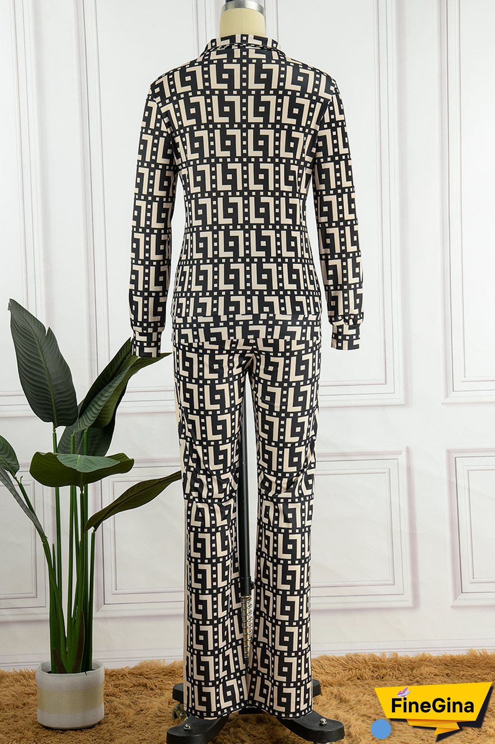 Coffee Casual Street Print Patchwork Zipper Long Sleeve Two Pieces