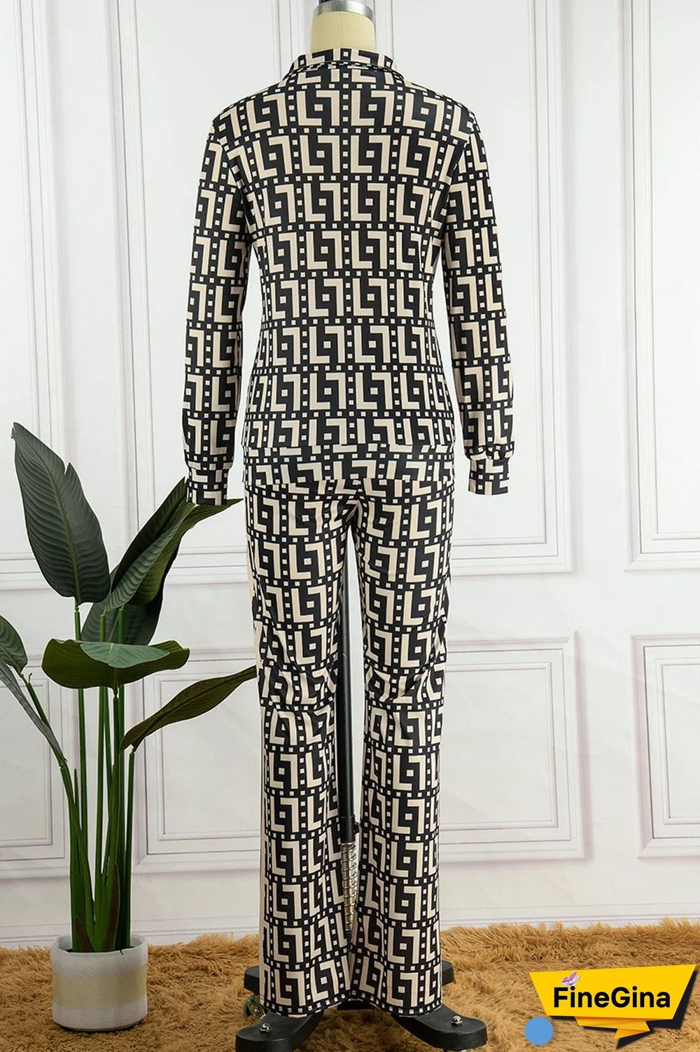 Coffee Casual Street Print Patchwork Zipper Long Sleeve Two Pieces