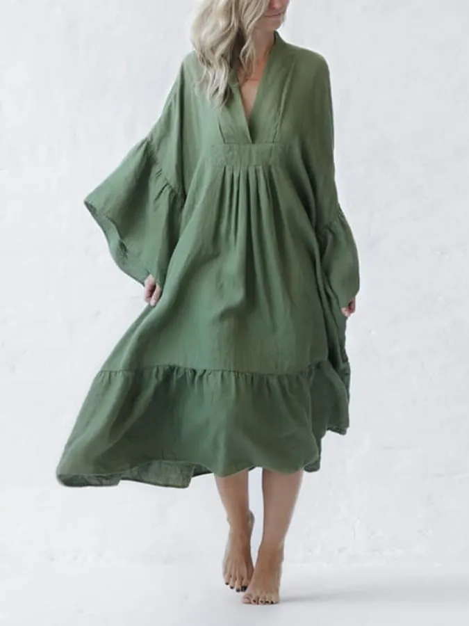 Stylish V-neck Ruffle Hem Design Linen Midi Dress 