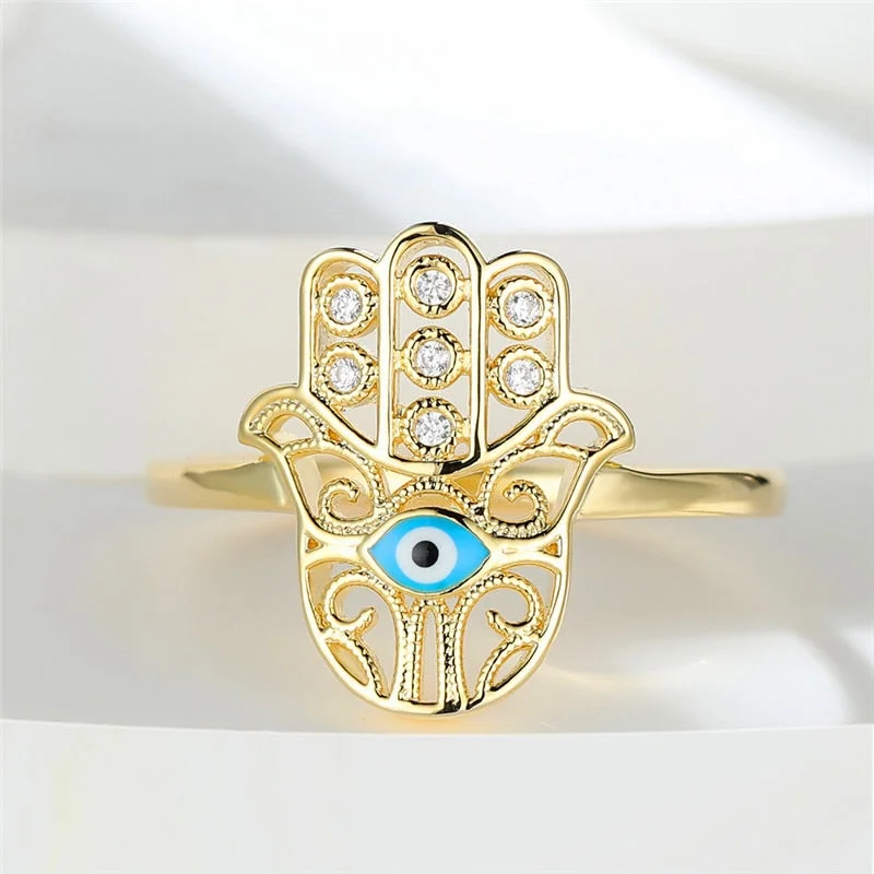 Luxury Female Small Blue Eyes Stone Ring Classic Yellow Gold Color Engagement Ring Palm Crystal Wedding Rings For Women