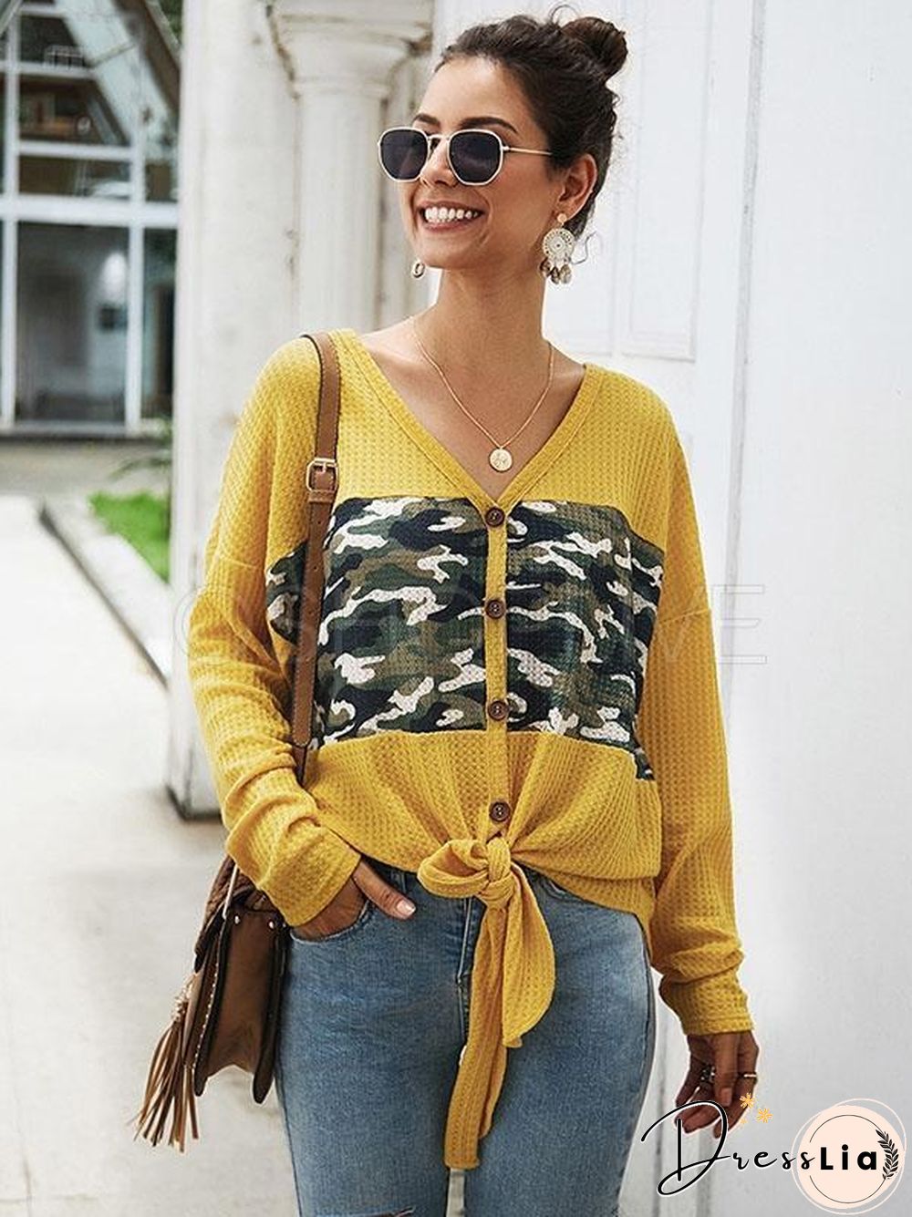 Camouflage Stitching V-neck Knit Sweater