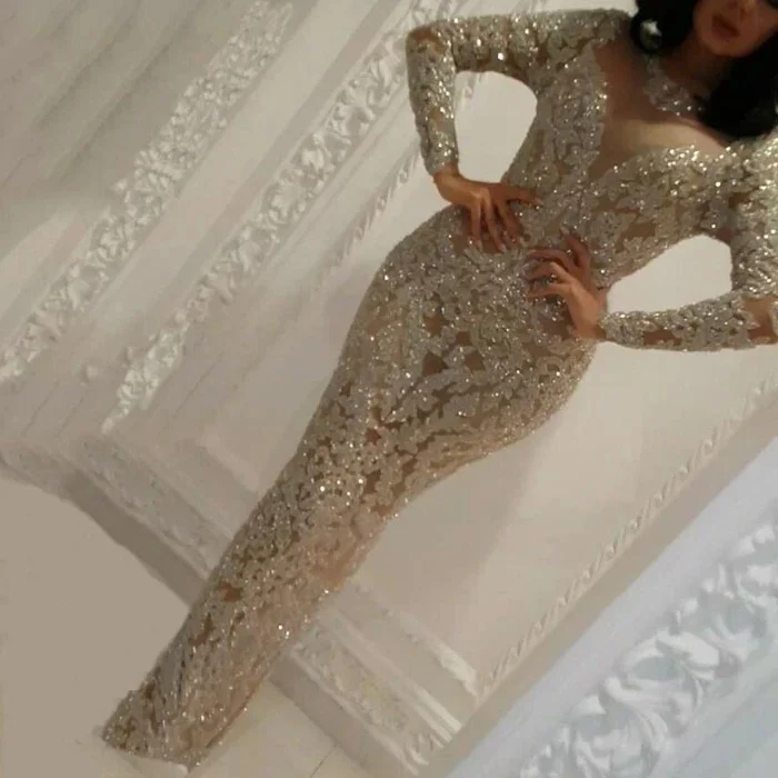 Uveng Uveng Autumn And Winter New Women's Decoration V-Neck Hot Long Sleeves To Repair Sexy Long Dress Evening Dress