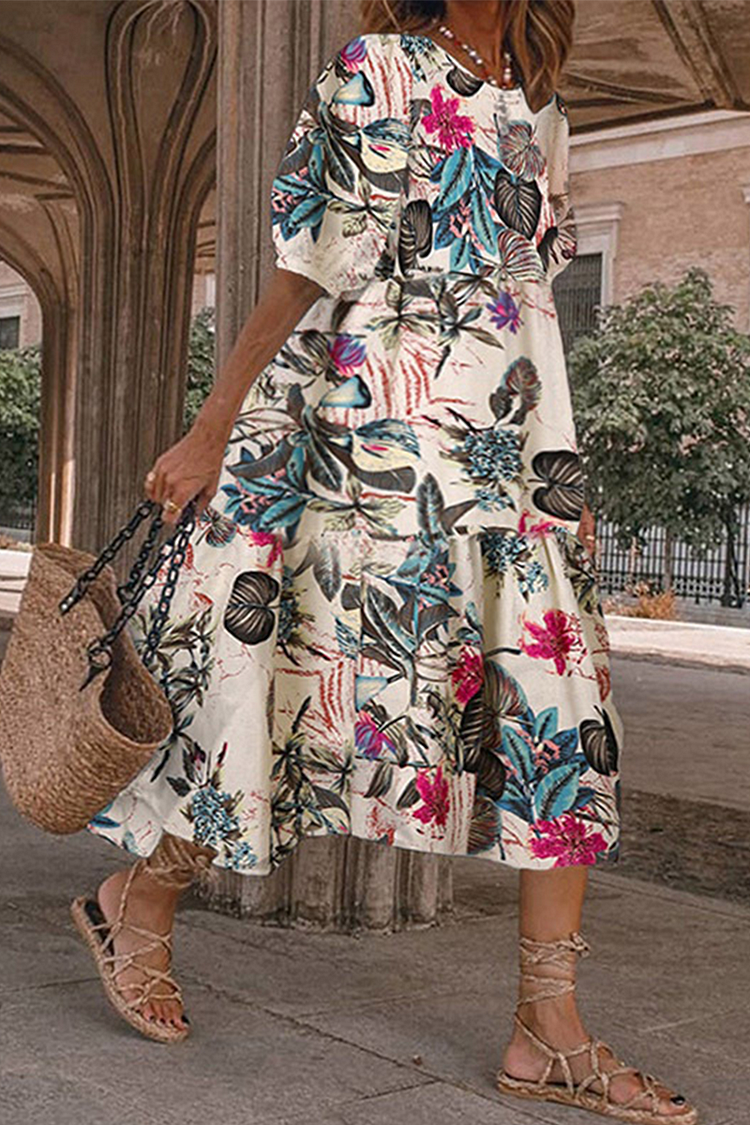 Casual Print Patchwork O Neck Cake Skirt Dresses - Life is Beautiful for You - SheChoic