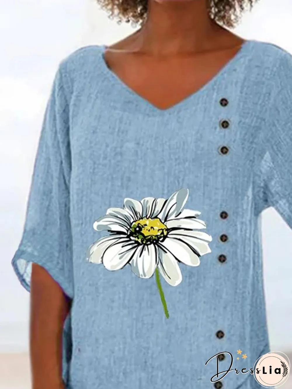 Floral V Neck 3/4 Sleeve Plus Size Casual Tops