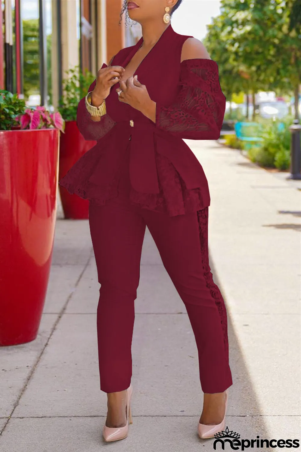 White Fashion Casual Patchwork Hollowed Out Turndown Collar Long Sleeve Two Pieces