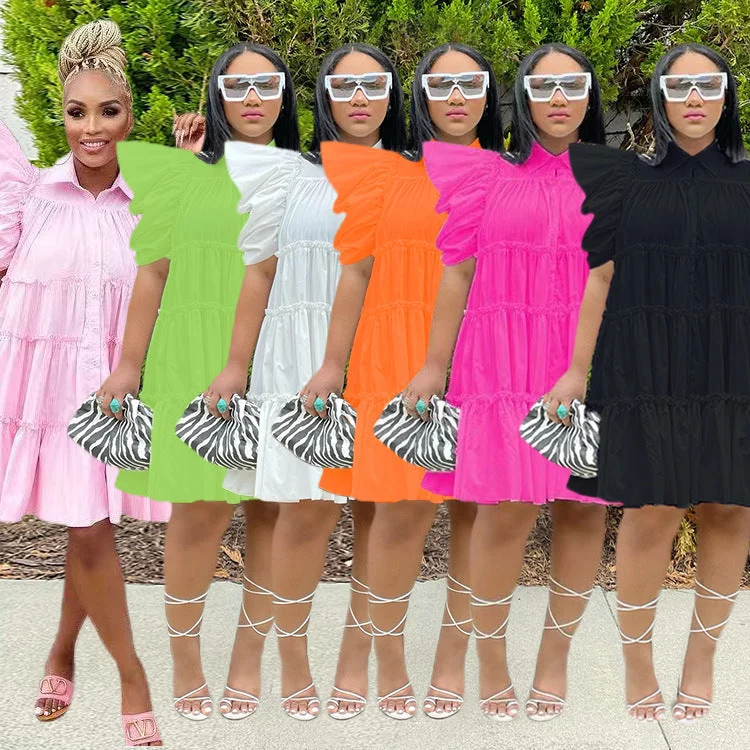 Uveng Dress High Waist Retro Pleated Puff Sleeve Loose Women's Shirt