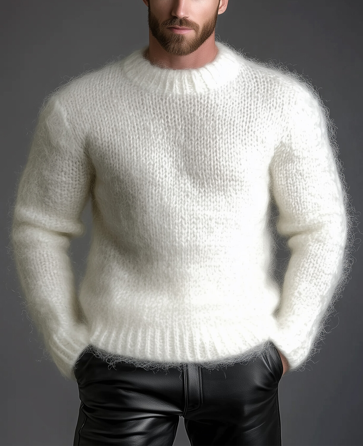 Okaywear Solid Mohair Knit Crew Neck Long Sleeve Sweater