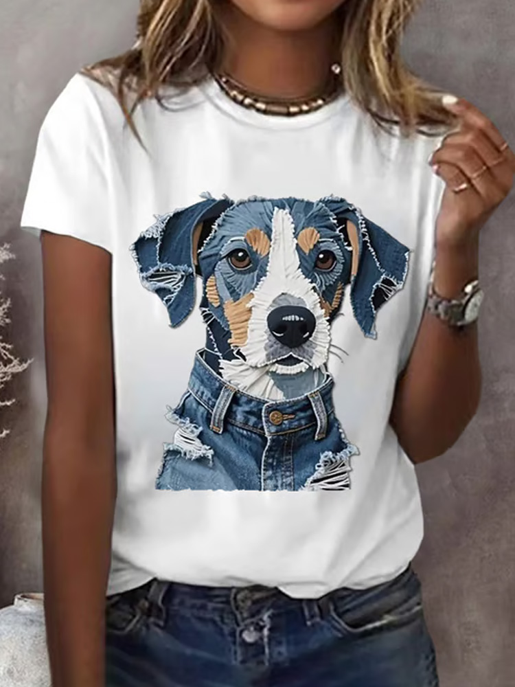 Women's Retro Funny Denim Patch Animal Dog Print T-shirt wearshes