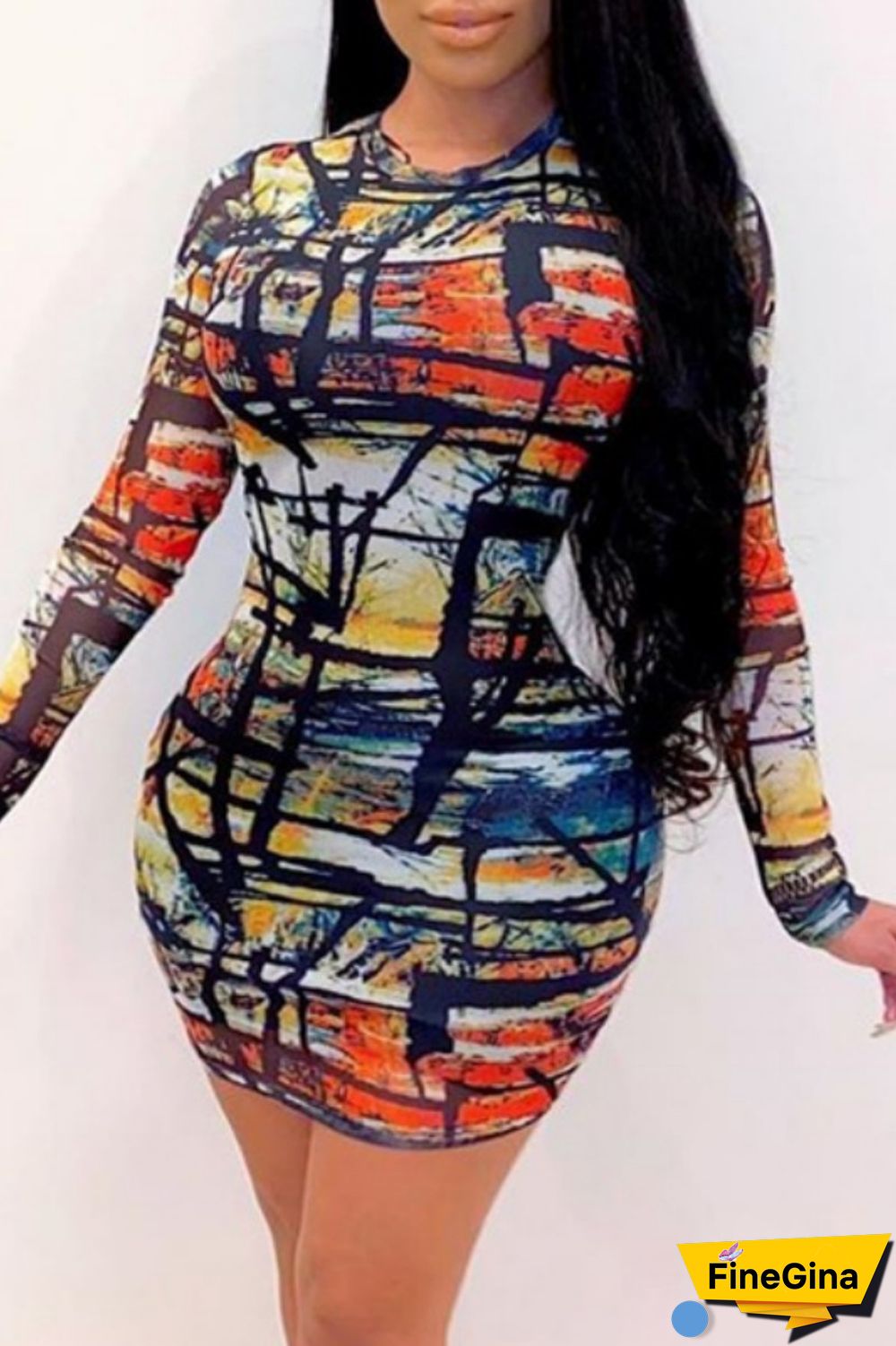 Colour Casual Print Basic O Neck Long Sleeve Dresses