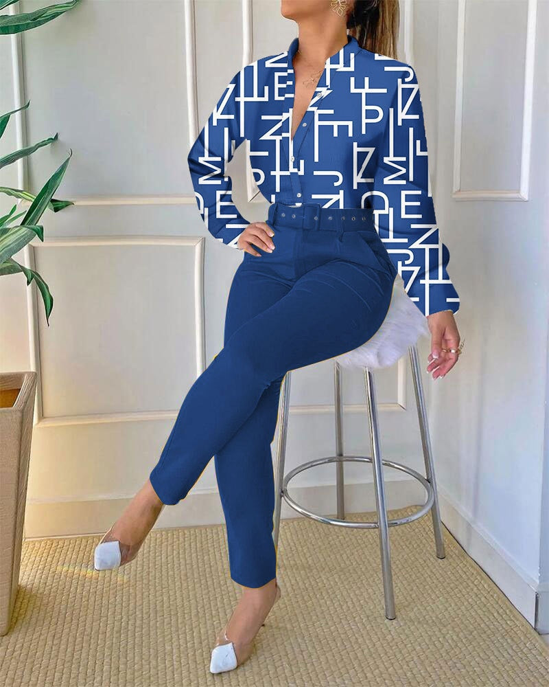Casual O-Neck Long Sleeve Shirt Pants Set Office Lady Elegant Floral Print Tops Solid Pants Two Piece Set Women Outfit 2023 LANFUBEISI